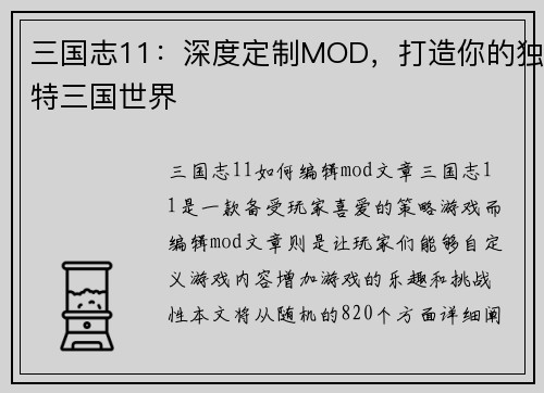 三国志11：深度定制MOD，打造你的独特三国世界